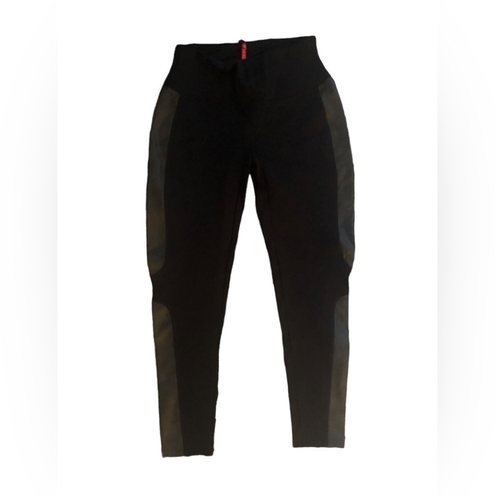 Spanx Faux Leather Panel Legging Sz. L Black Ponte Pant Casual Stretch Winter